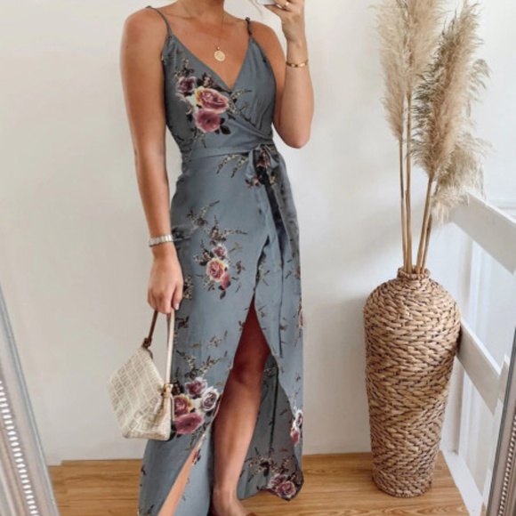Dresses & Skirts - Brand New Gray Floral Wrap Maxi Dress With Slit